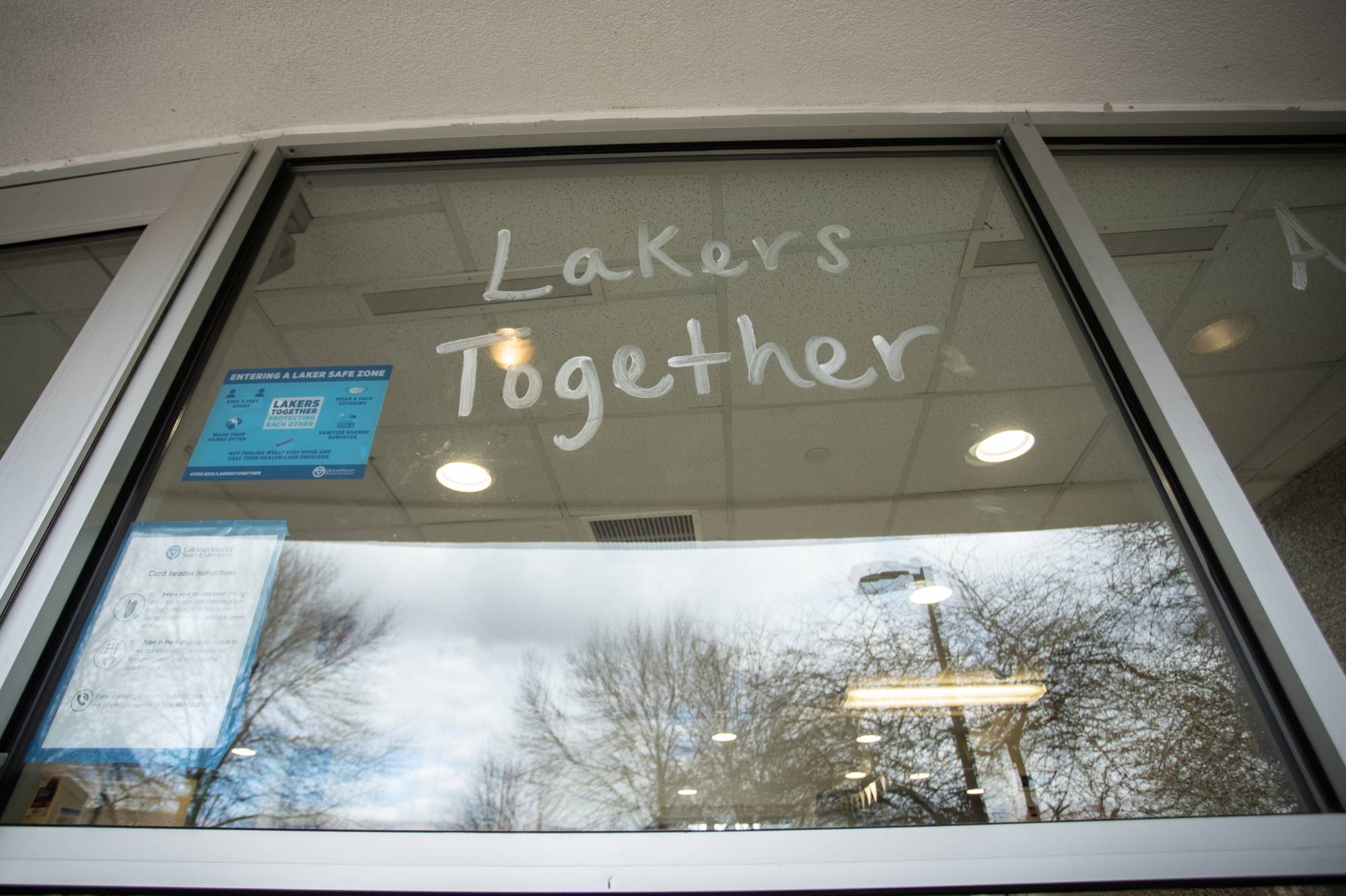Window with the words Lakers Together written on it